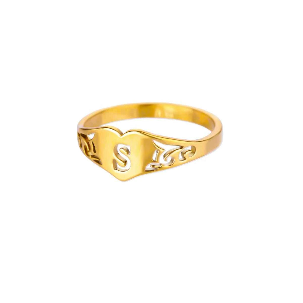 Fashion Hollow Initial Letter Heart Rings For Women Gold Color Stainless Steel A-Z Letter Ring Aesthetic Wedding Jewelry Gift