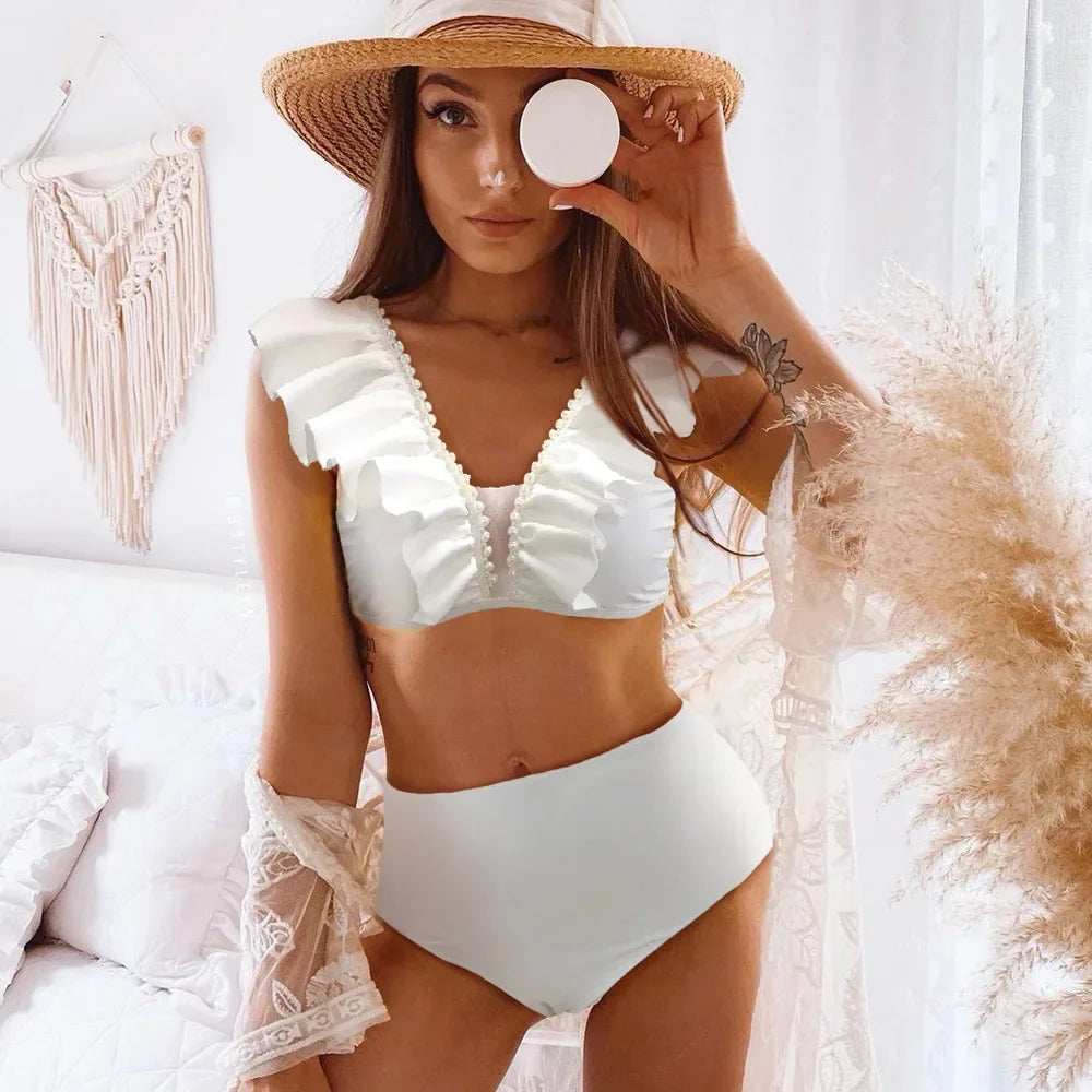 2026 New Sexy White 3D Flower Solid Two Piece Push Up Bikini Set Luxury Swimwear Women Swimsuit Beachwear Summer Bathing Suit