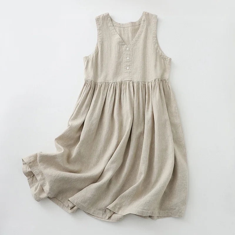 2026 New Women's Cotton Linen Sleeveless Dress Casual V Neck Button Down Loose Midi Dresses for Summer Women's Casual Dresses