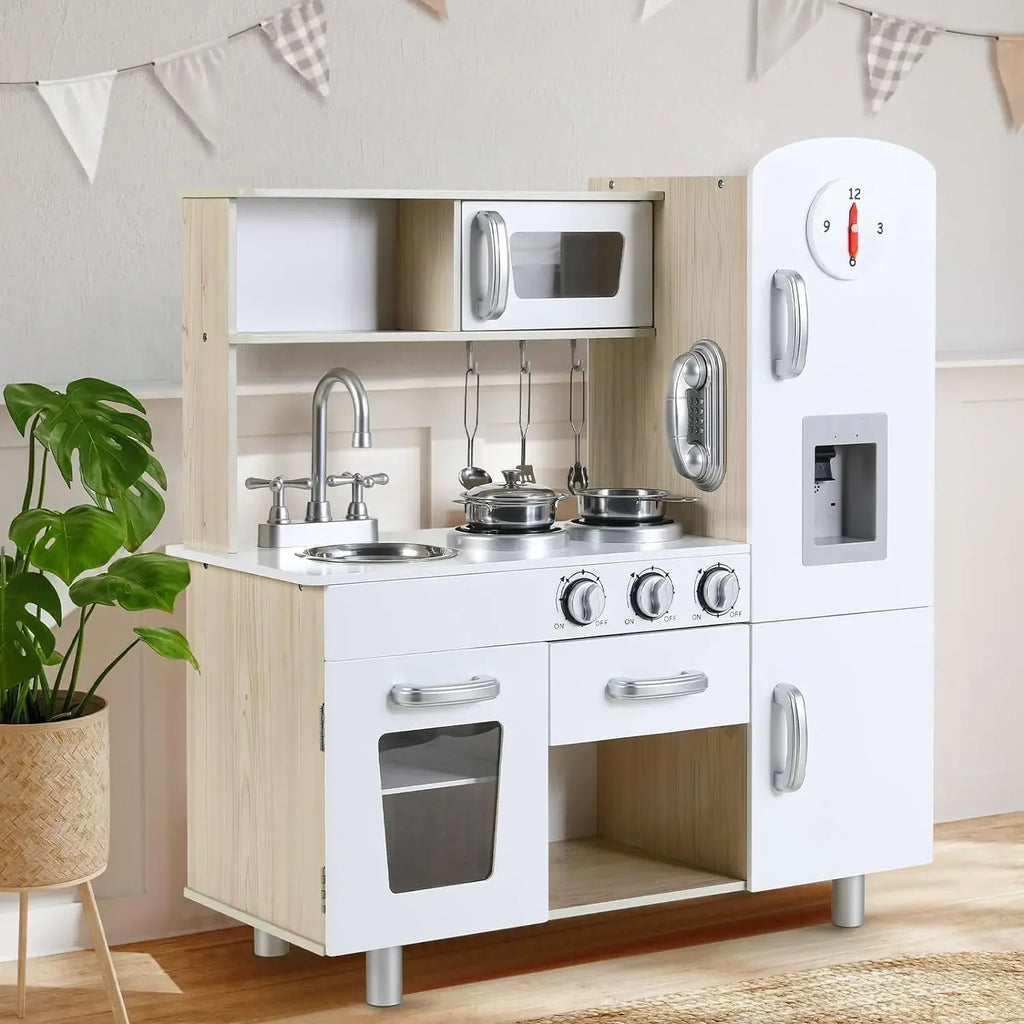 Wooden Play Kitchen Set Pretend Play Kitchen with Lights and Sounds for Kids Ages 3+, Includes Stove Oven Microwave Coffee Maker