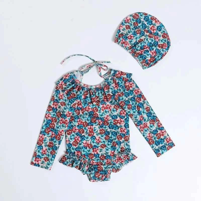 Kids Swimwear for Girl New Summer Baby Girls Cute Cherry Floral Swimsuit Set Long Sleeves/Sling Sunscreen Swimsuit Bikini H503