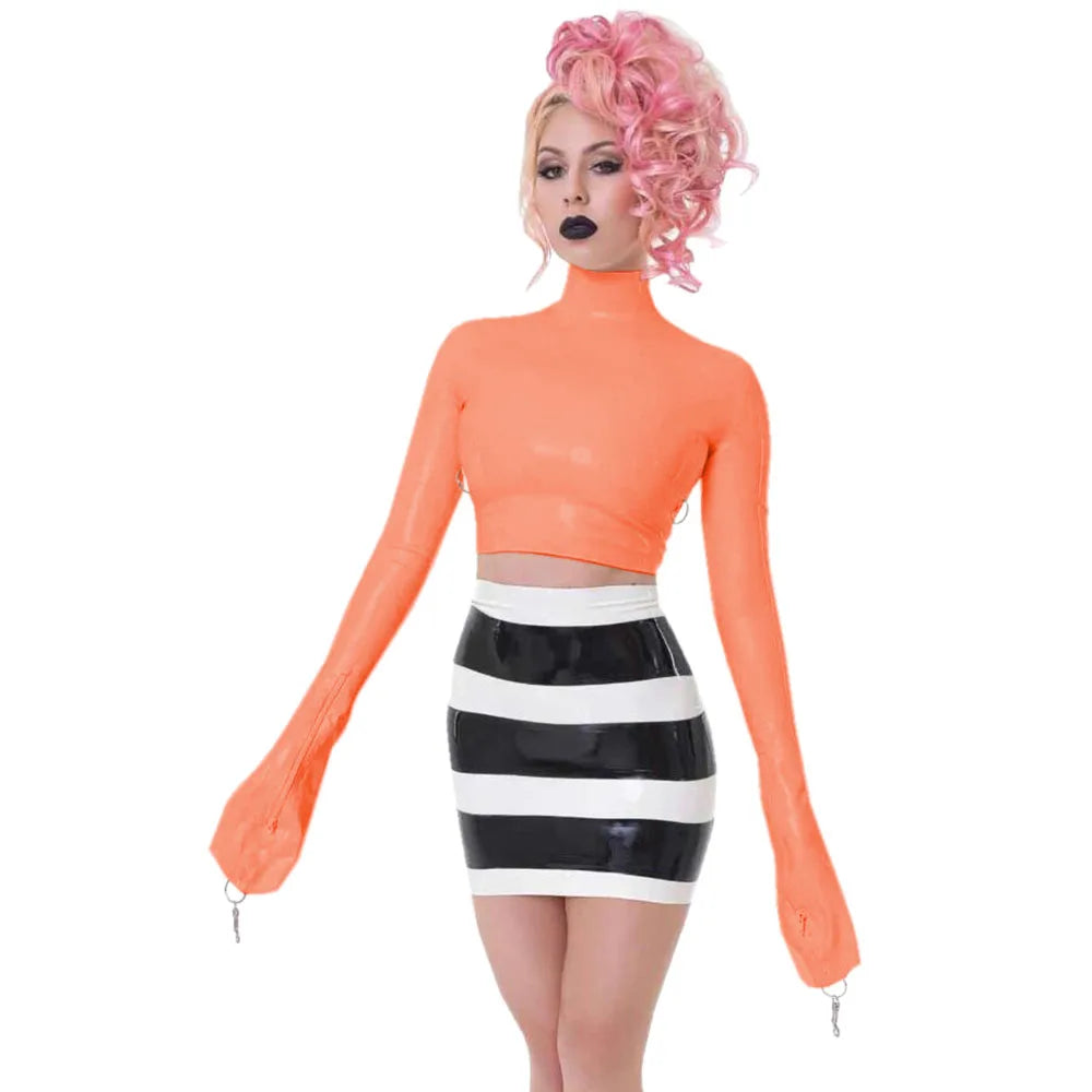 Sexy Crop Tops with Finger High Neck, Slim Skinny Leather, PVC Short Shirts, Vinyl Sexy Top with Lock Key, Club Night