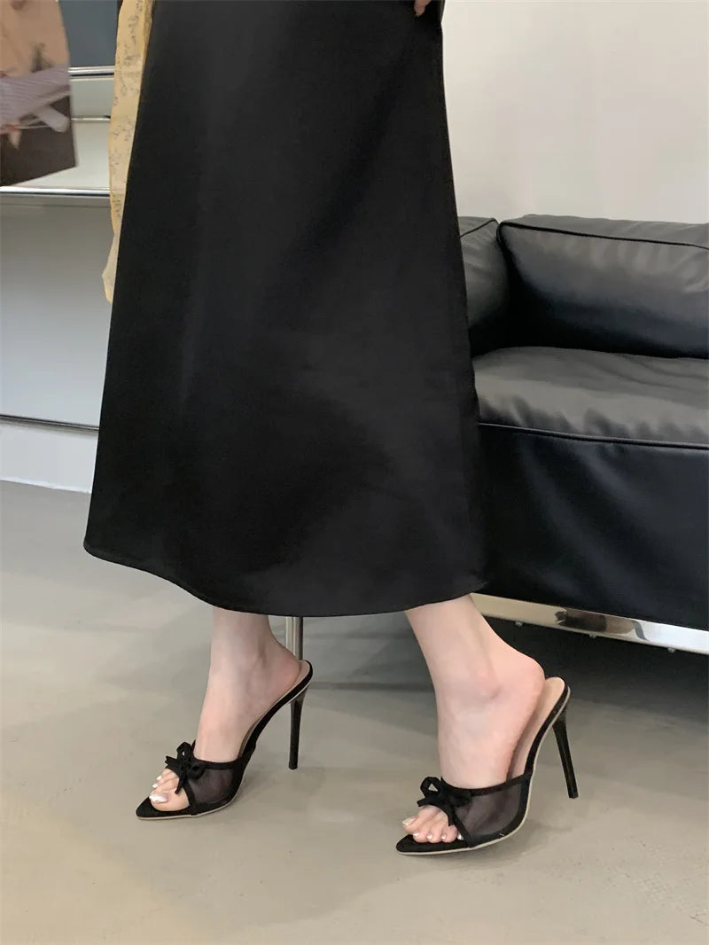 Liyke Street Fashion Bowknot Mesh Women Slippers Sandals Sexy Pointed Open Toe Black High Heels Mules Slides Party Banquet Shoes