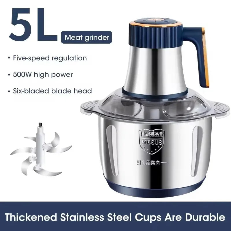 5L Large Capacity Electric Meat Grinder Food Crusher Vegetable Chopper Multifunctional Kitchen Blender Processor