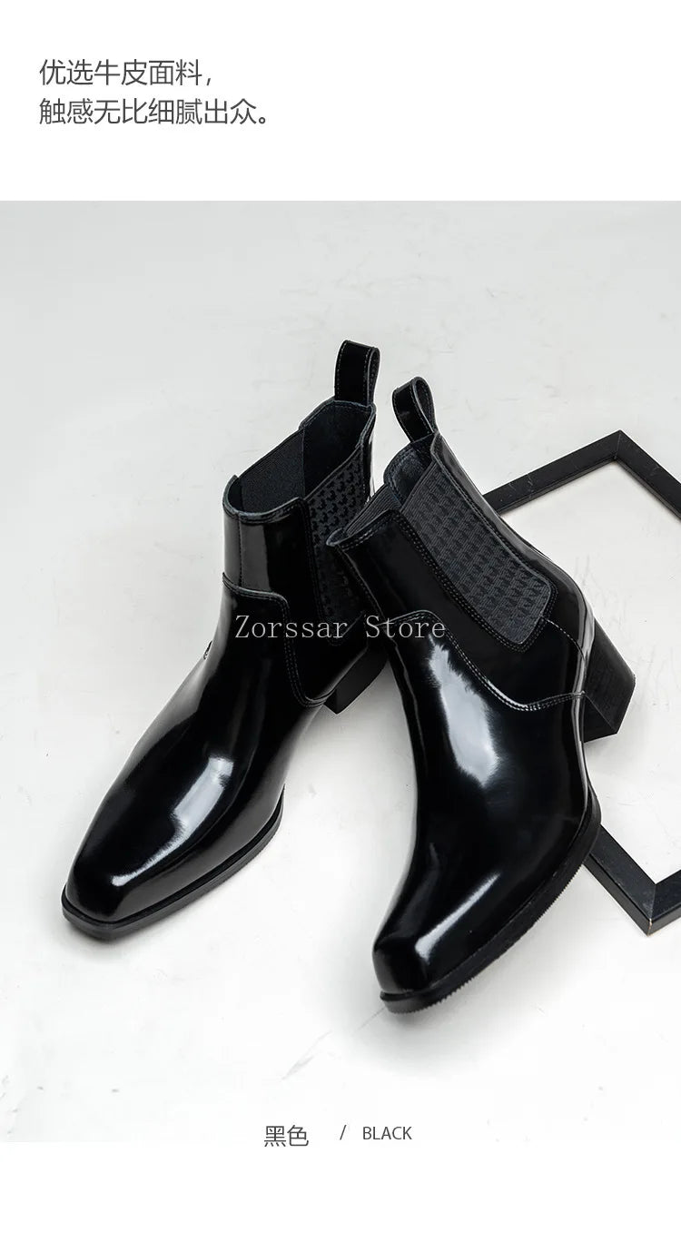 Autumn Winter New Mens 5 CM High Heels Warm Genuine Leather Ankle Boots Shoes Men Business Dress Work Boots Black Wedding Shoes
