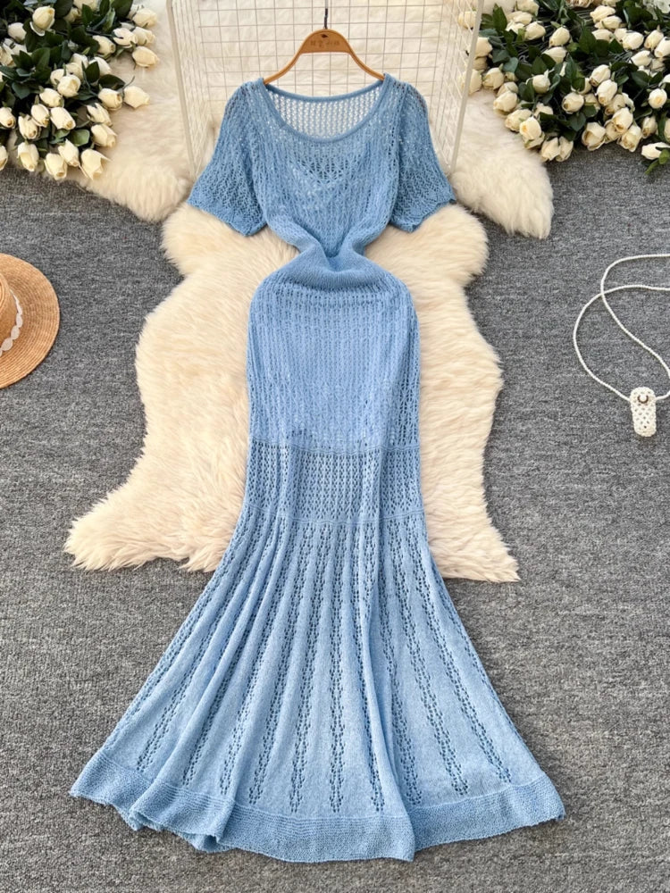 Women Hollow Knitted Dress Summer Flower Short Sleeved Fishtail Bodycon Dress with Camisole Dresses Vintage Party Long Robe