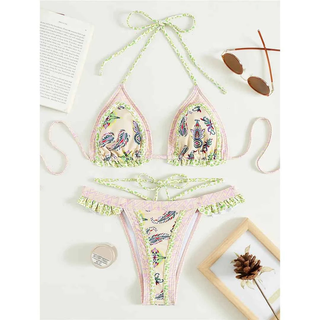 5 Colors Sexy Printed Halter Frilled Bikini Women Swimwear Female Swimsuit Two-pieces Bikini set Bather Bathing Suit Swim V4651