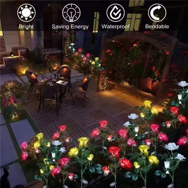 Solar Led Lights Outdoor Decorative 5 Heads Solar Garden Lights Waterproof Rose Flower Lawn Lamp for Yard Patio Garden Decor