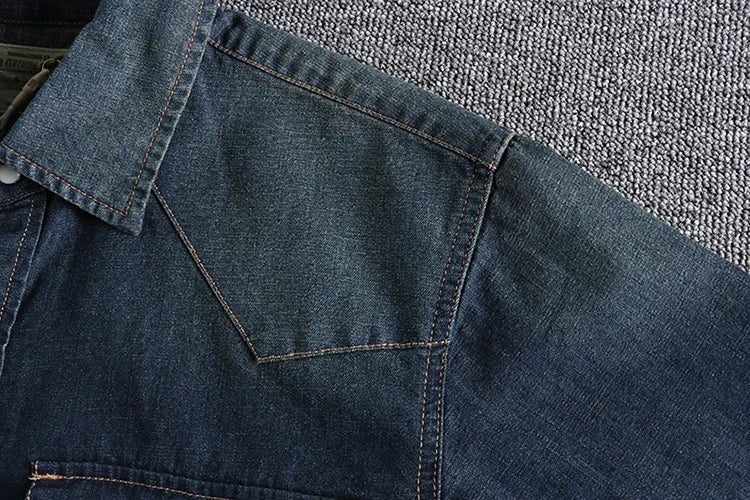 Summer New American Retro Short Sleeve Lapel Denim Cargo Shirt Men's Fashion Pure Cotton Washed Old Multi-pocket Casual Blouses