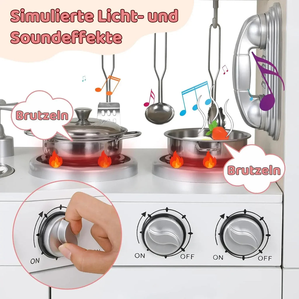 Wooden Play Kitchen Set Pretend Play Kitchen with Lights and Sounds for Kids Ages 3+, Includes Stove Oven Microwave Coffee Maker