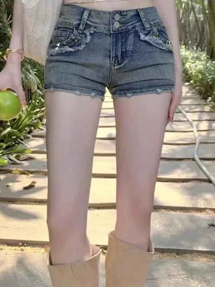 Women Korean Retro Y2k Shorts Pants Lady Vintage High Street Hot Pants Female Blue Low Waist Elastic Wrapped Hip Short Jeans