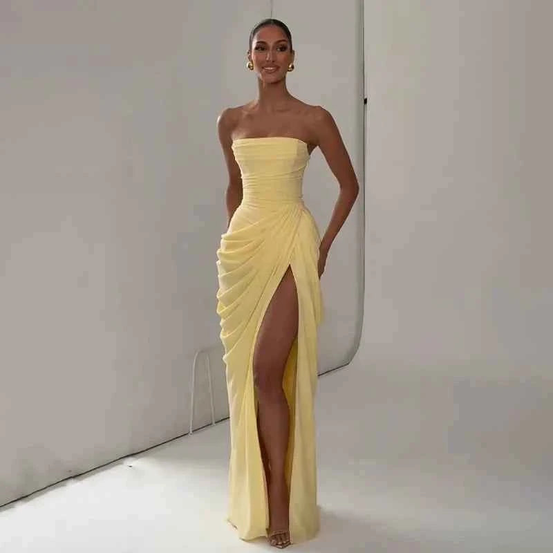 Women Sexy Solid Pleated Strapless Dress Lady Chic Off-shoulder Backless High Waist Split Dresses  Evening Party Gown 2026 New
