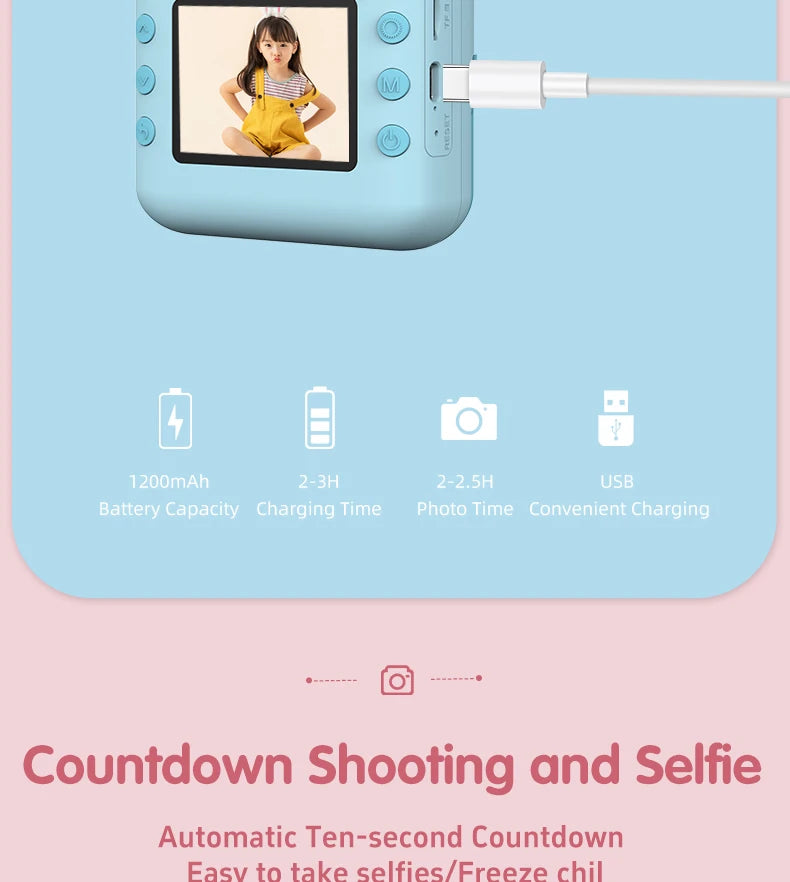 Kids Photo Camera Printer with Game Cute Bunny Mini Digital Video Child Instant Print Camera 4-12 Years Kids Girls Boyes Gifts