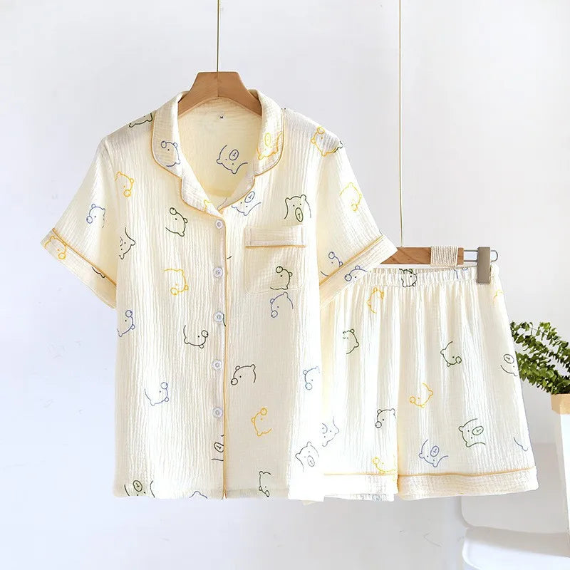 2025 Summer Women Pajamas Cute Tulip  Printing Sleepwear 100% Cotton Gauze Female 2 Piece Set  Nightwear Pyjamas Loungewear
