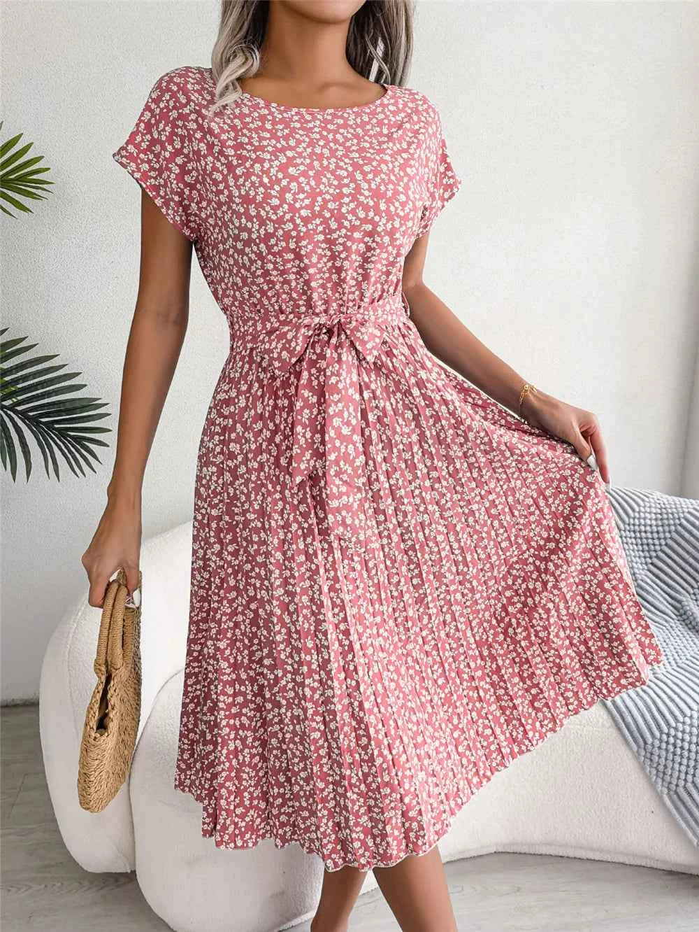 Ficusrong Fashion Floral Pleated A Line Long Dress Women Spring Summer Short Sleeve High Waist Chic Dress