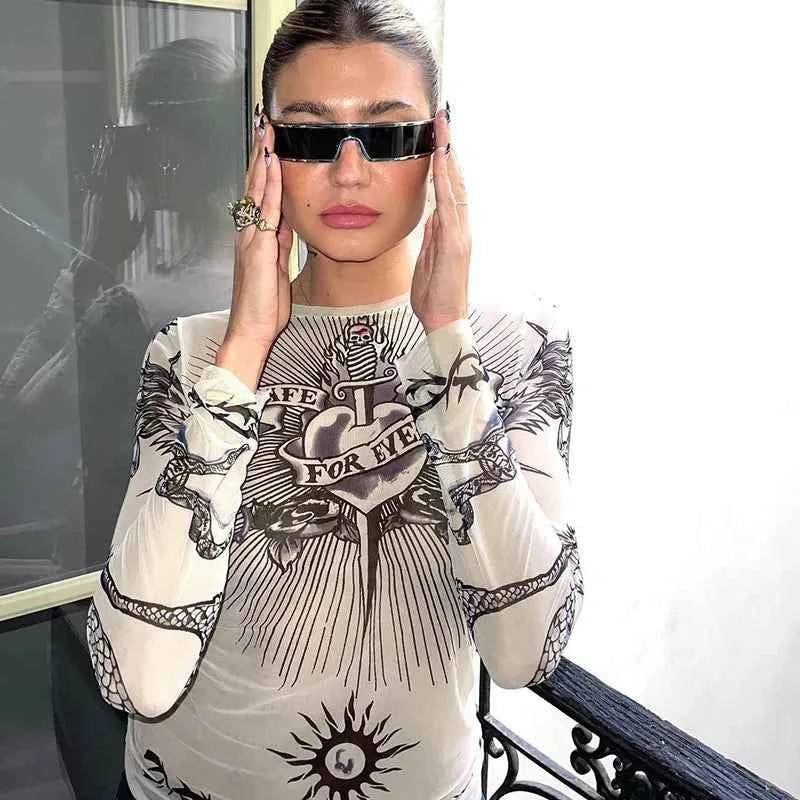 Y2k Aesthetic Punk Clothes Graphic Tees Women Gothic Fashion Full Sleeve Woman Tshirts See Through Streetwear Egirl Tops T Shirt