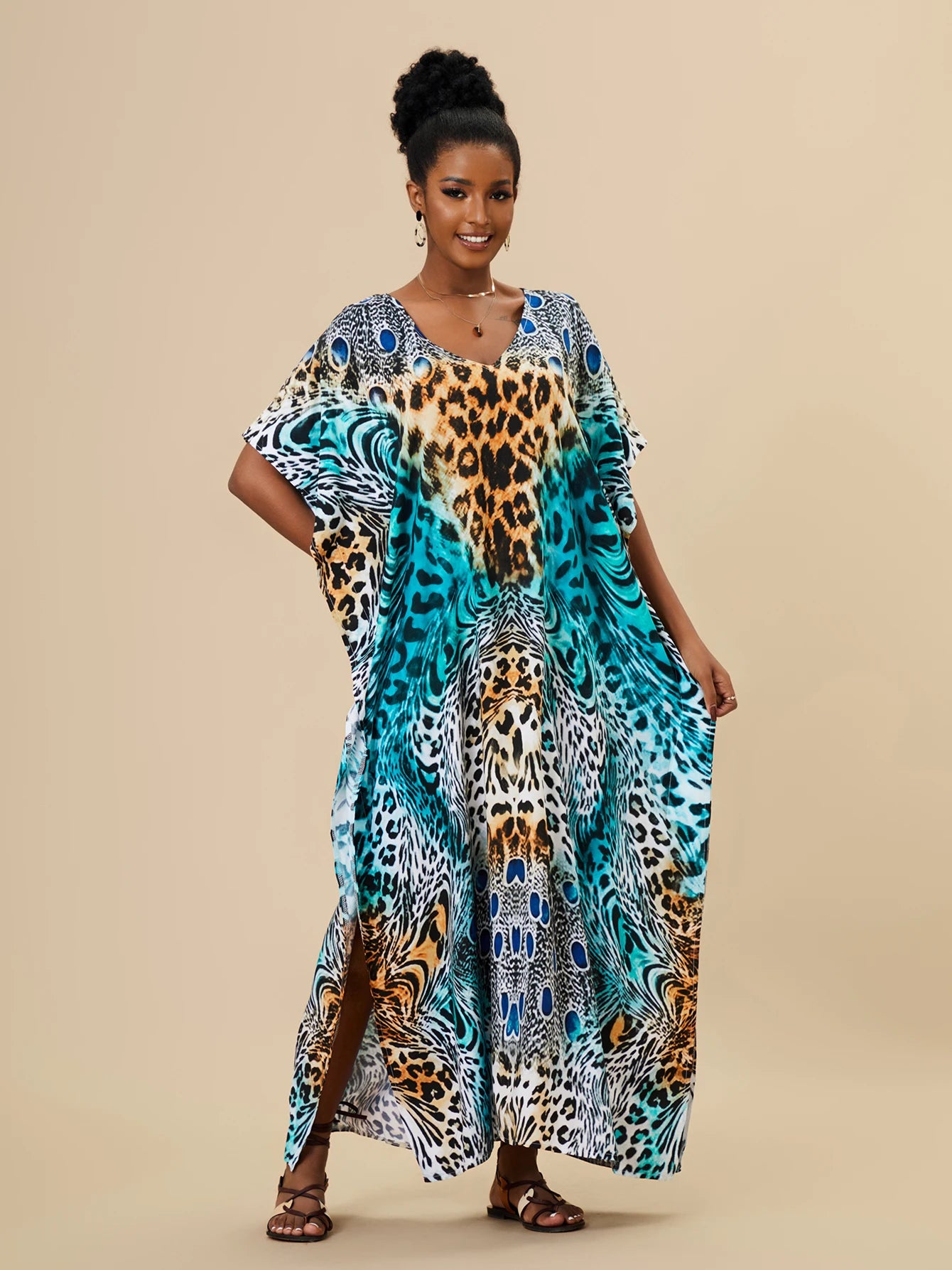 EDOLYNSA 2023 Bohemian Printed Loose Kaftan Casual Summer Vacation Maxi Dress Women Clothing Beach Wear Swim Suit Cover Up Q1469