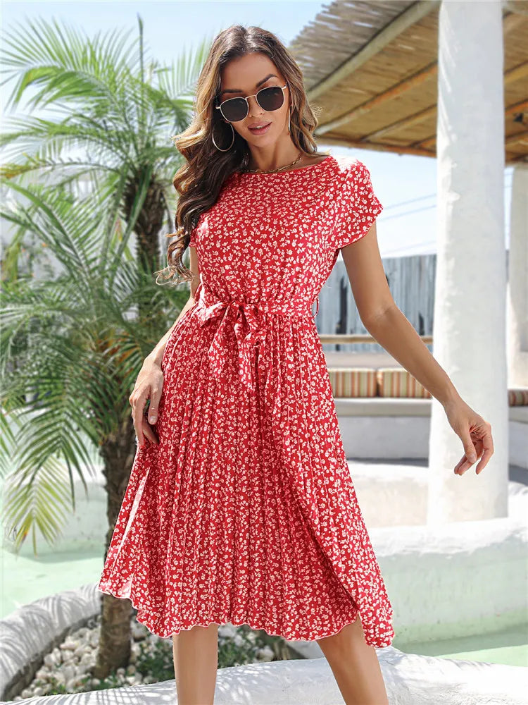 Msfilia Summer Print Pleated A Line Long Dress Women Short Sleeve High Waist Spring Round Neck Chic Dress with Belt