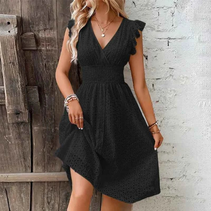 Summer Women V-Neck Beach Dress Flare Sleeve Solid Color Hollow Lace Waist Dress Casual Beach Holiday Dresses