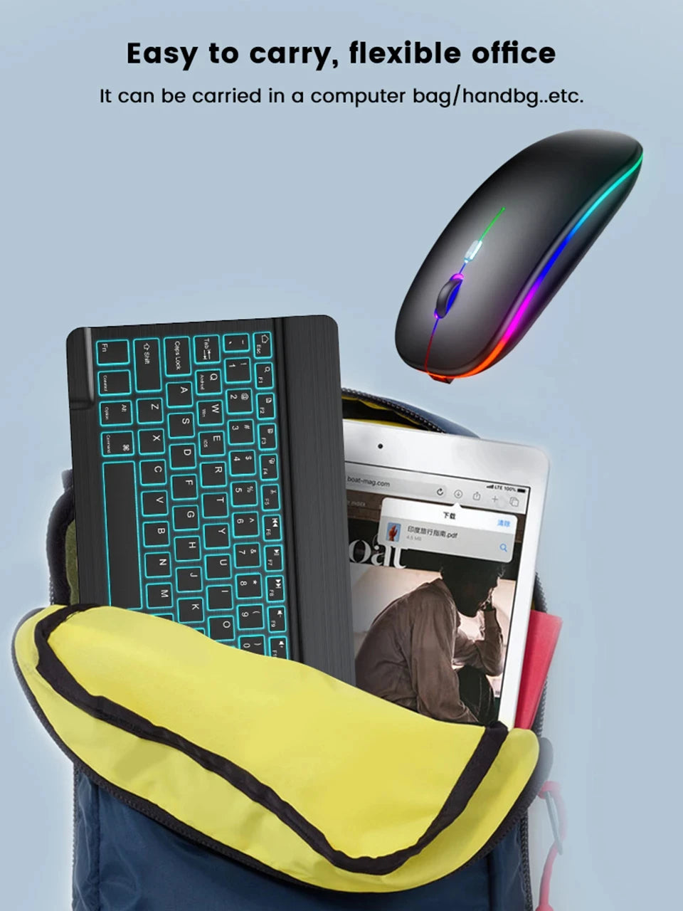 Mini Backlit RGB 10inch Bluetooth Keyboard Wireless Mouse Rechargeable for Spanish Russian Hebrew Korean French Arabic Portugal