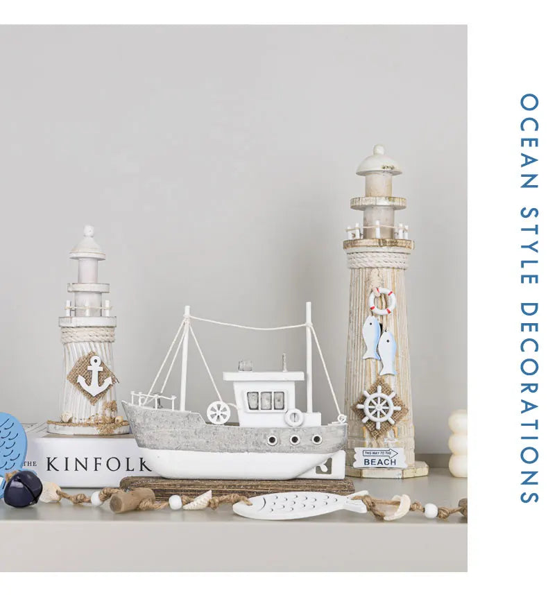 Mediterranean Style Home Decoration Figurines Desktop Ornaments Ocean Wooden Lighthouse Model Wood Ship Crafts Wall Decor Plaque