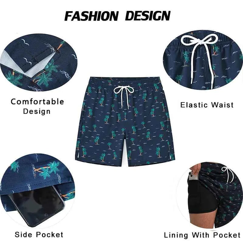 ESCATCH 2026 Summer New Arrival Mens Shorts 2 in 1 Quick Dry Gym Printing Swim Trunks Beach Side Zipper Pockets Swimsuit
