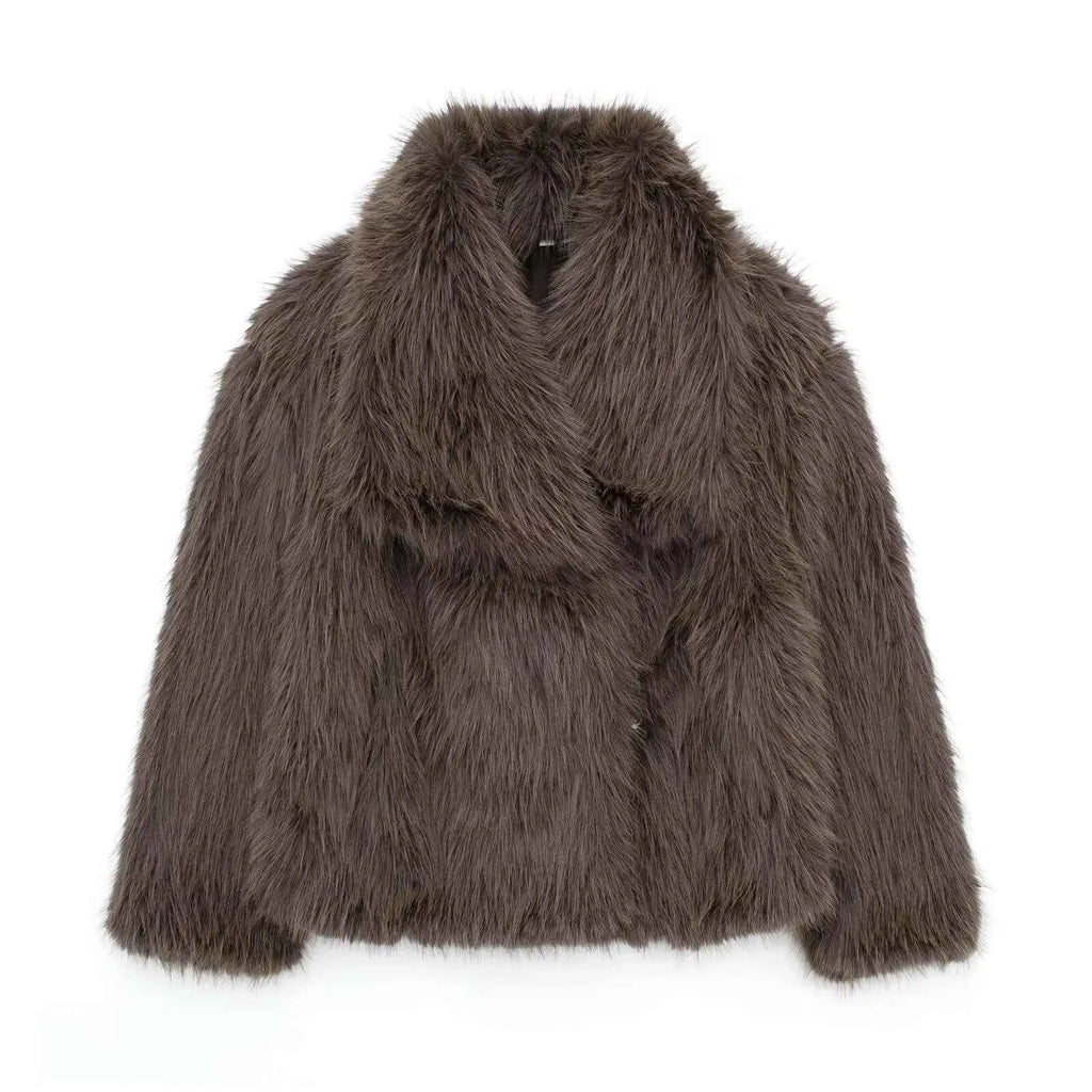 HH Women Fashion Cropped Faux Fur Jacket Coat Long Sleeve Front Snap-button Female Outerwear Chic Lapel Collar Thick Coat