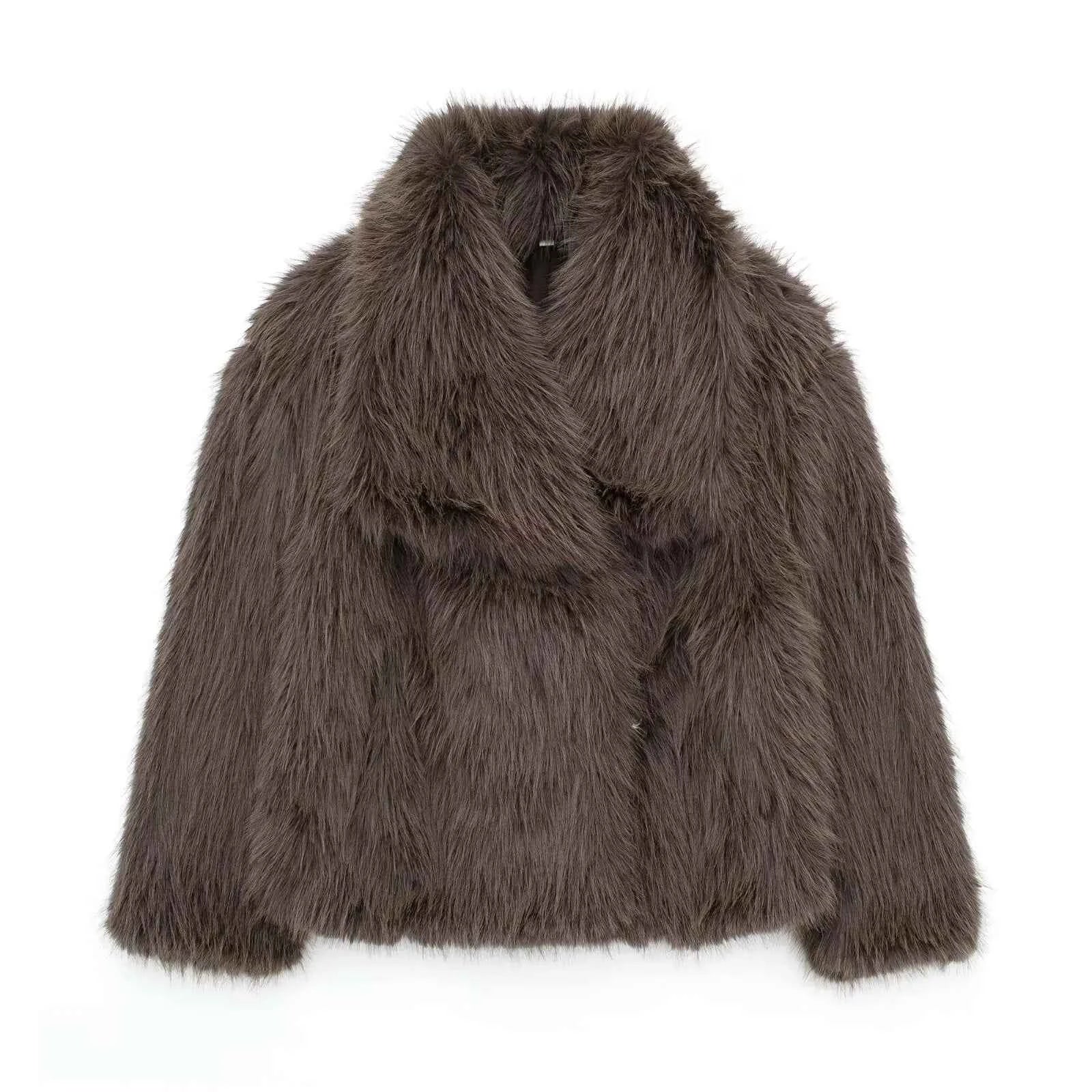 HH Women Fashion Cropped Faux Fur Jacket Coat Long Sleeve Front Snap-button Female Outerwear Chic Lapel Collar Thick Coat