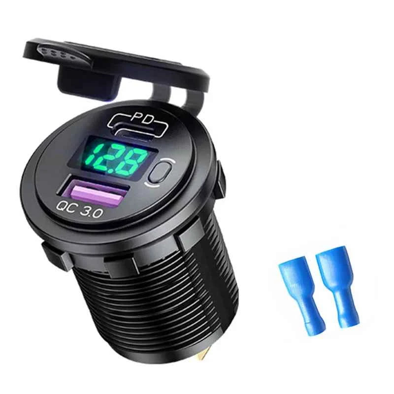 USB C Car Charger Socket 12V/24V Dual USB Socket PD3.0 and QC3.0 Car USB Port With LED Voltmeter and On/Off Switch