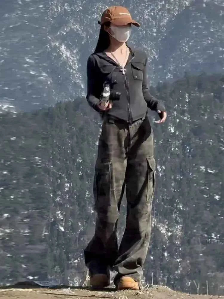 Y2k Clothes Jeans For Woman High Waist Flare Trousers Camouflage Cargo Wide Leg Straight Winter New Pants Slim Fit Fashion