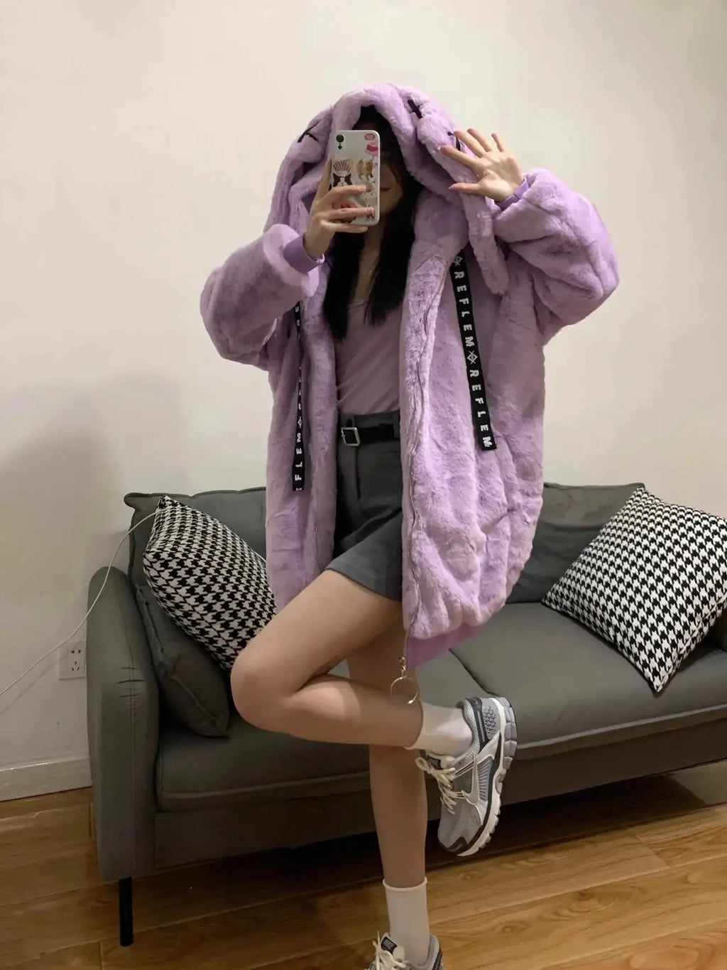2026 New Harajuku Rabbit Ears Plush Coat Winter New Japanese Plush Coat Women Dark Punk Medium Plush Coat