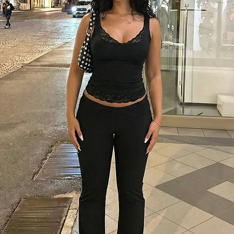 Dulzura Square Collar Backless Slim Lace Ruffles Patchwork Tank Top Women'S Fashion Sexy Y2K Top Party Vacation Summer Clothes