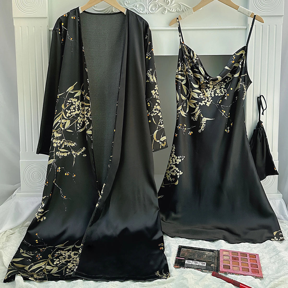 Floral Print Pajama Set Long Sleeve Robe With Belt   V Neck Slip Dress  Women's Sleepwear  Loungewear