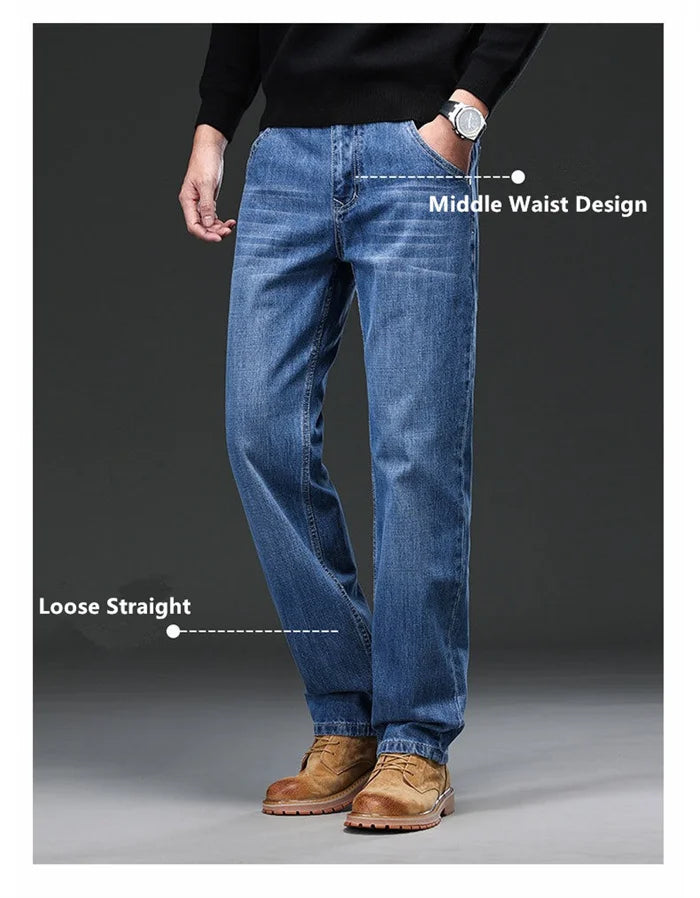 2026 Men Jeans 100% Cotton Thick Straight Plus Big Size 42 44 46 48 140KG Loose Classic Black Denim Trousers Casual Pants