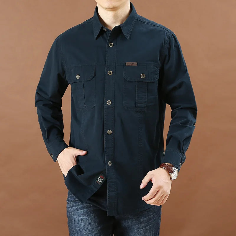 Pure Cotton Men's Shirt Men Oversized Loose Long Sleeve Cargo Shirts Men Clothing High Quality Solid Plus Size Casual Shirt 6XL