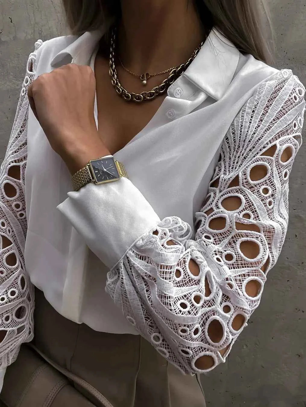 White Sexy Lace Hollow Out Women Blouse Autumn 2025 Spring Black Top Vintage Button Up Shirts Long Sleeve Mesh Design Tops 19948
