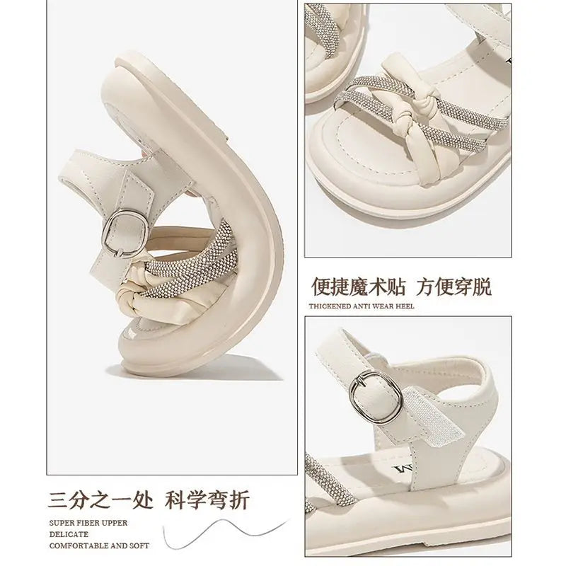 2026Summer Princess Girls Sandals Summer Children Beach Shoes Girls Open-toed Sandals Soft PU Leather Flat Kids Sandals For Girl