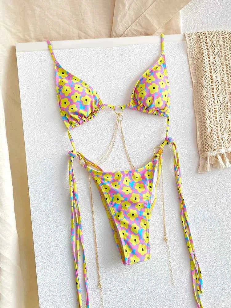 Sexy Triangle Chains Bikini Sets Micro Thongs Swimsuit Women Bathing Suit Biquini Bandage Beachwear Print Swimwear Thong Bikini