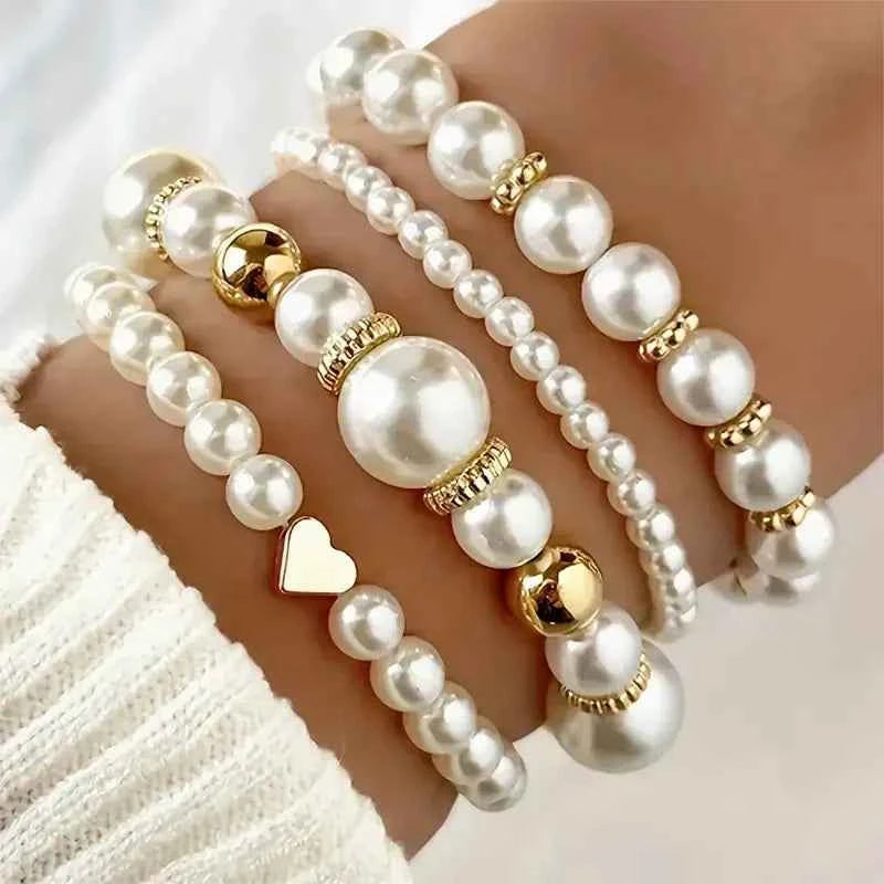 4 Pcs Elegant Boho Heart Charm Beads Bracelet Set Fashion Faux Pearl Layered Bracelets for Women Daily Wear Jewelry Gifts 2025