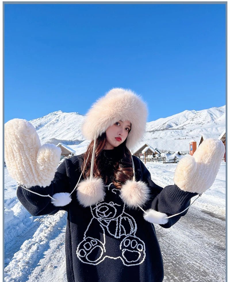 Winter Women Real Fox Fur Hat Fashion Casual Outdoor Warm Knitted Hats Girl Lovely 100% Natural Fox Fur Ear cap bomber caps