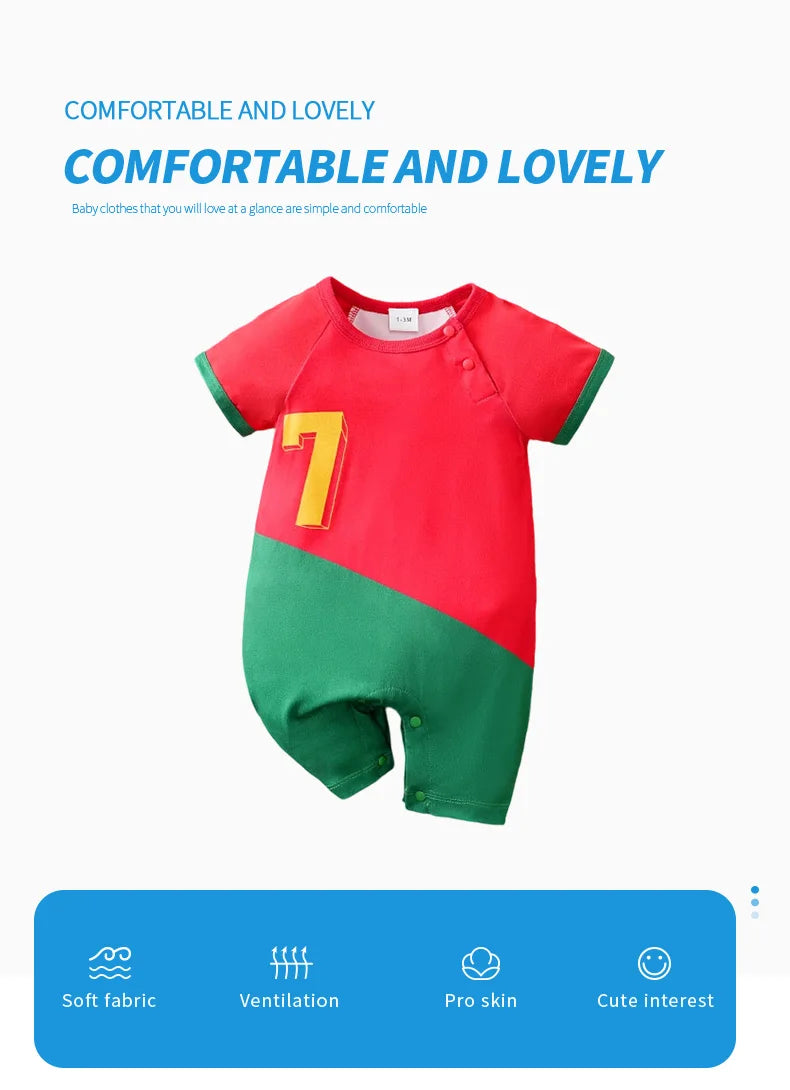 Newborn Baby Clothes Red and green Match colors No.7 Football suit 0 3 6 9 12 Months summer short-sleeved baby jumpsuit