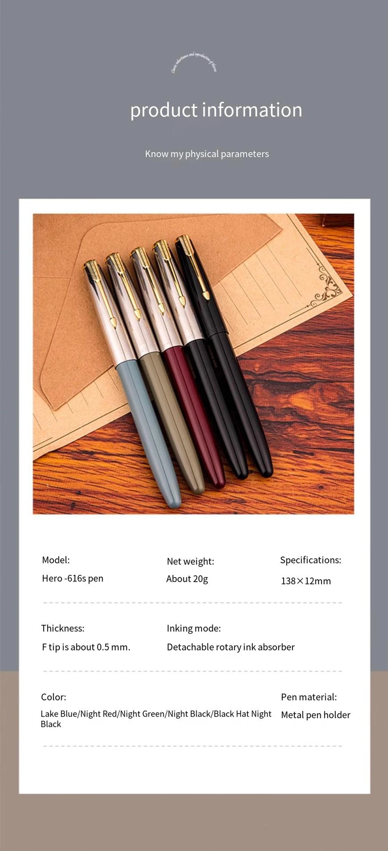 Hero 616S Classic Retro Fountain Pen Dark Tip 0.5mm Iridium Gold Nib Business Office Gift Student School Stationery Supplies