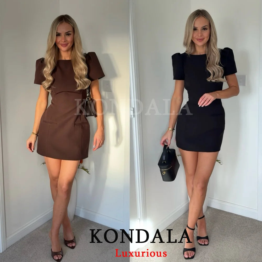 KONDALA Sexy Chic Black Party Dress Short Sleeve Pad Shoulder Mini Dress Fashion 2026 Spring Evening Club Elegant Women Dress