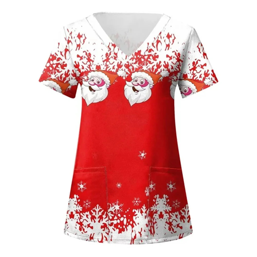 Womens Christmas Nurse T Shirt Print Short Sleeve V Neck Workwear With Pocket Working Nurse Work Wear Overalls Medical Uniforms