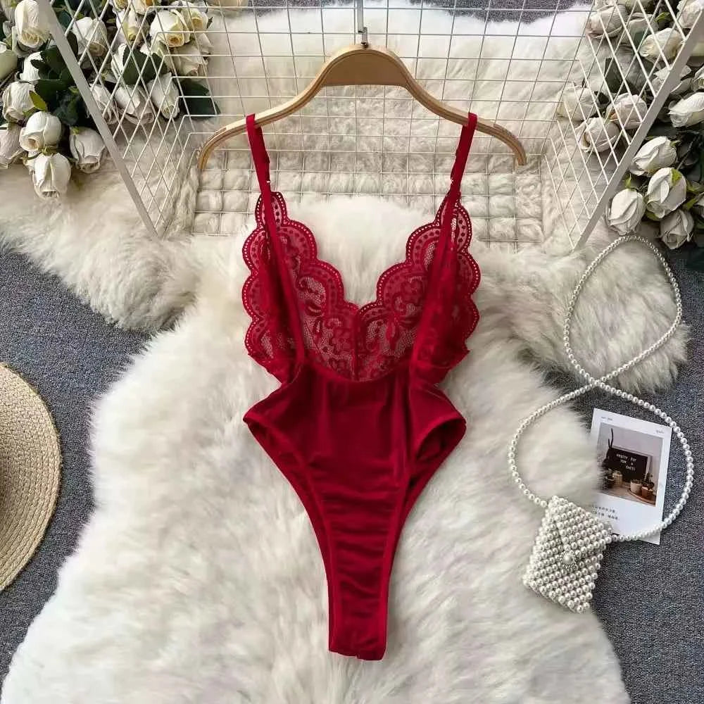 Women's V-neck Sexy Elegant Lace Camisole Jumpsuit Hollowed Transparent Tight Fitting Pajama Adjustable Shoulder Straps Hotsweet