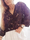 Summer Hollow Out Lace Loose Blouse Women V Neck Lace Flowers Single Breasted Long Sleeve Crop Tops Streetwear Fashion Shirts