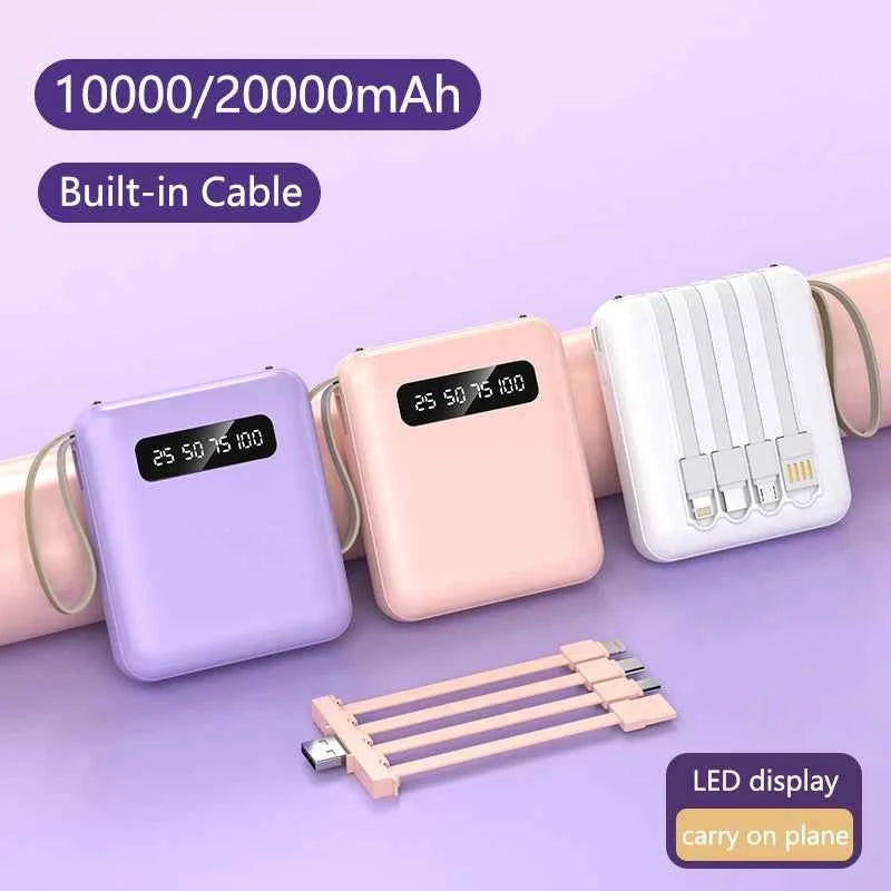 Mini Power Bank 20000mAh – 4 Built-In Cables & Display