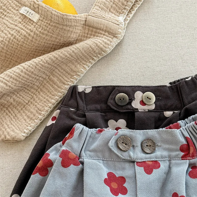 2026 Spring New Children Casual Pants Fashion Flower Print Girls Harem Pants Cotton Kids Loose Trousers Boys Cute Baby Clothes