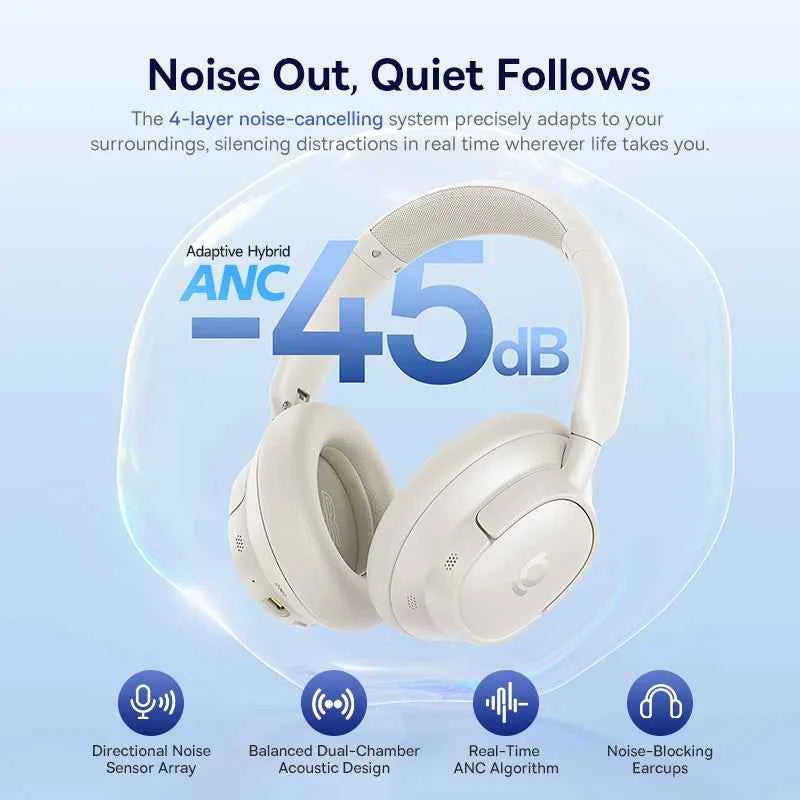 Baseus Bass EH10 NC Wireless Headphones Bluetooth 6.0 Noise Canceling 45dB Over Ear HeadsetSpatial Audio Earphone 80H Time