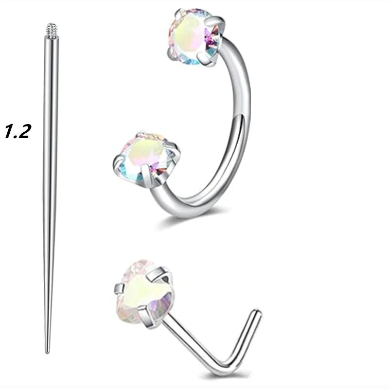 3PCSE Metal color Stainless Steel Nose Ring Set With CZ Studs & Horseshoe